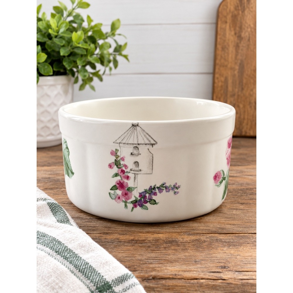 Pfaltzgraff Ramekin Bowl Cream Birdhouse Floral 4.25 in Farmhouse Stoneware Vtg